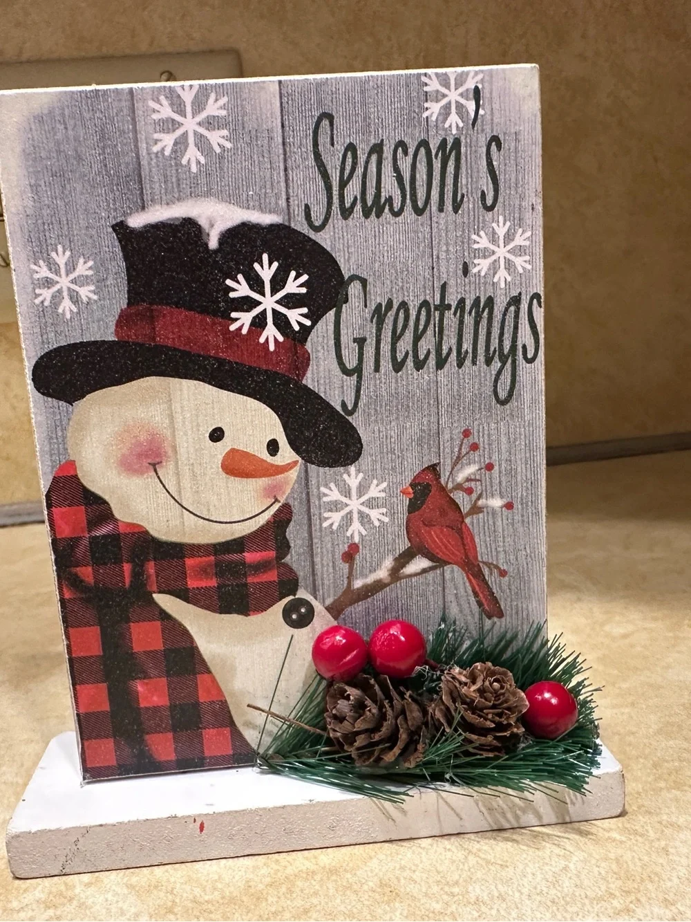 Rustic Snowman Wood Block Sign Seasons Greetings Christmas Shelf Sitter 5”